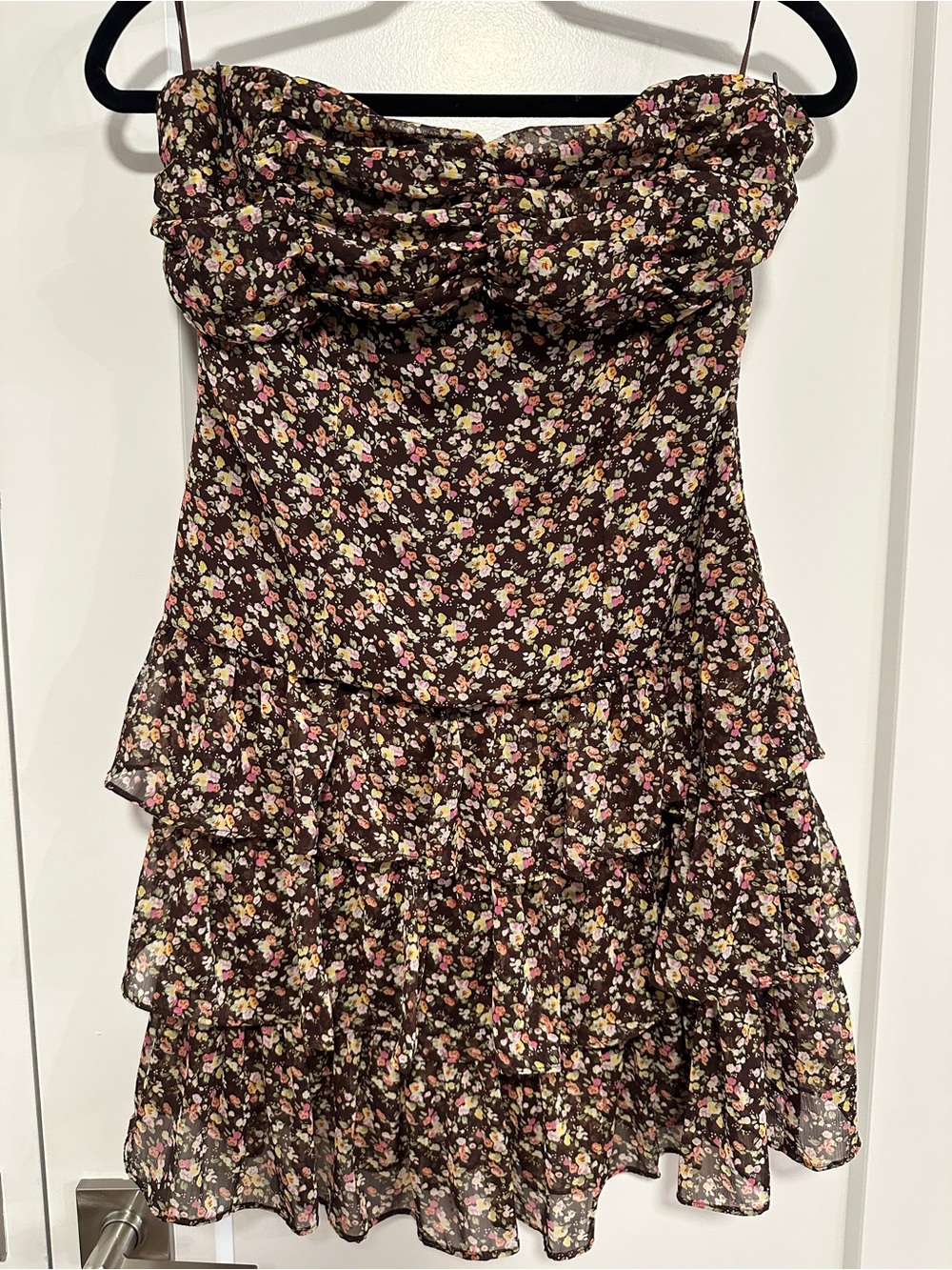 Brown Floral Strapless Ruffle Tiered Dress